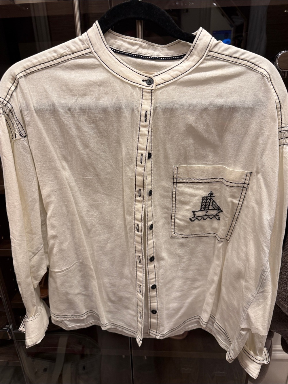 Pilcro Cream Button-Down Shirt with Navy Stitching and Pocket Ship Embroidery